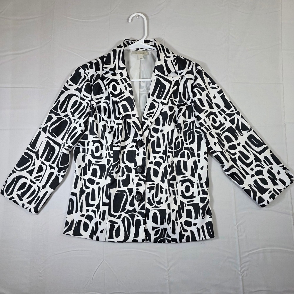 Dressbarn Womens Black White Abstract Geometric 3 Button Blazer Jacket Small